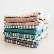 3pcs/Set Soft & Absorbent Kitchen Towels - Large, Durable Waffle Dish Cloths In Solid Green, Plaid & Striped Patterns For Easy Cleaning & Drying - For Cooking, Baking, And Tea Time 