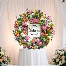 Spring Summer Wreath For Front Door, 18 Inch Artificial Berries And Colorful Flower Wreath With Welcome Sign, Spring/ Summer Greenery Wreath For Front Door Wall Window Festival DecorMother's Day Easter