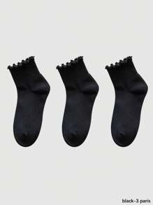 1/3/6 Pairs Women Ruffle Trim Socks, Thin Solid Color Mid-Calf Socks, Breathable Moisture-Wicking, Spring/Summer