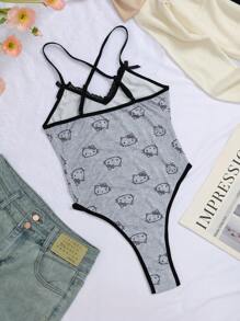 Sanrio 1 pieza Mono de mujer con estampado floral de corte en V profundo, parches y encaje cruzado con diseño de Hello Kitty