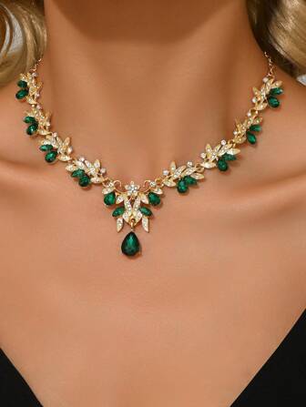 1pc Elegant Alloy Rhinestone & CZ Crystal Pendant Necklace, Women Bridal Jewelry, Party & Holiday Gift