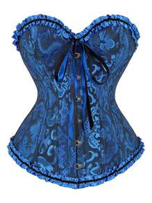 Women Tie Up Overbust Corset, Boned Ruffle Jacquard Bustier With Bow, Body Shaper - 藍白色 - 查看 1
