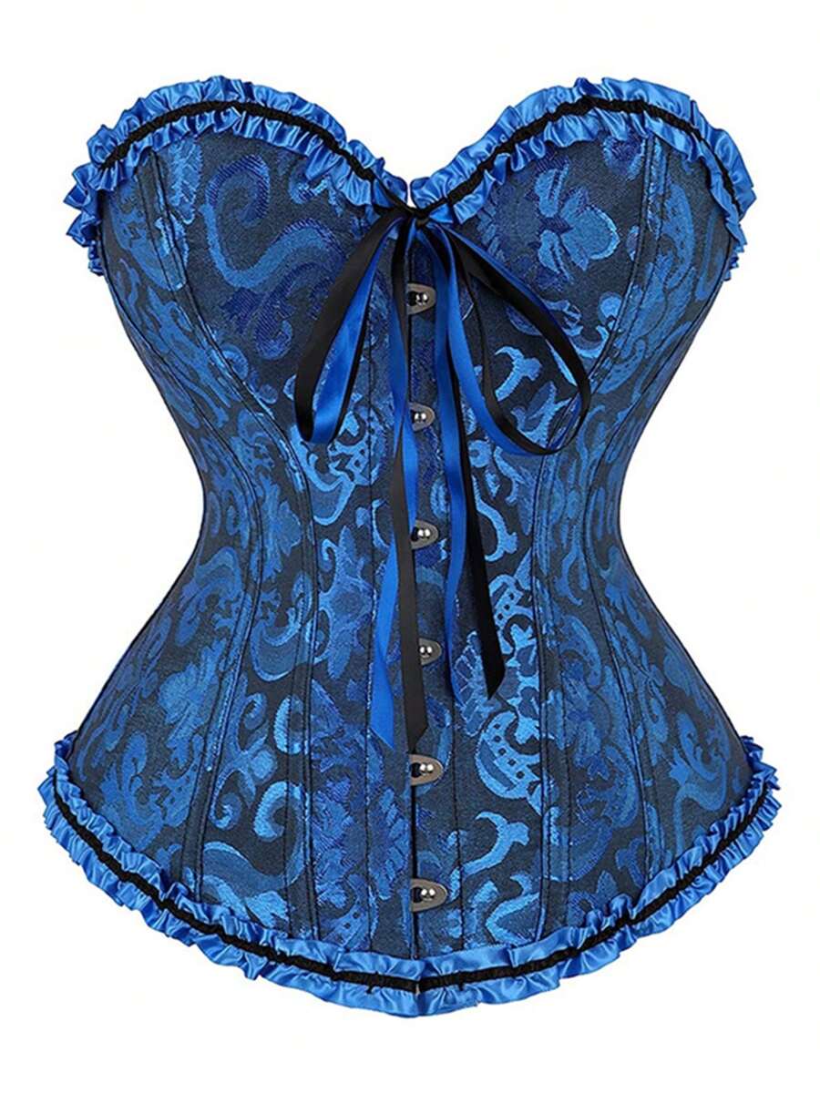 Women Tie Up Overbust Corset, Boned Ruffle Jacquard Bustier With Bow, Body Shaper - 藍白色 - 查看 1