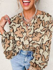 Acelitt Khaki Floral Print Batwing Sleeve Button Up Loose Blouse - Khaki - View 3
