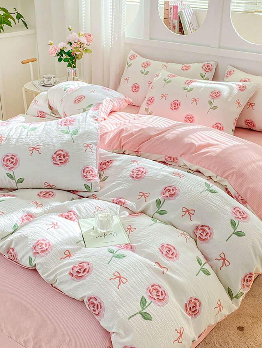 3pcs 100% Polyester Rose Floral Printed Bedding Set: 2 Pillowcases + 1 Duvet Cover - Multicolor - View 1