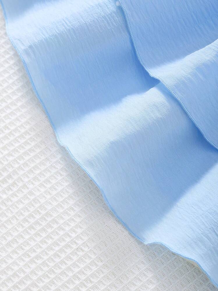 Young Girl Cute Bowknot Adjustable Strap Pleated Double-Layer Hem Light Blue Dress - Blue - View 8