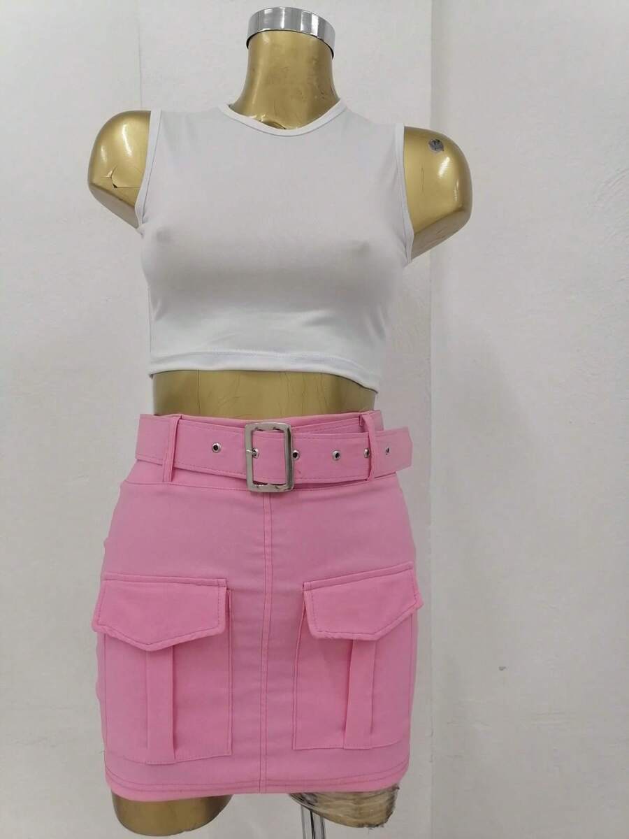 Cargo Skirt With Belt In Gabardine. - 粉色 - 查看 1