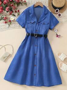 1pc Teen Girl Casual Collared Blue Dress With Belt - Blue - View 1