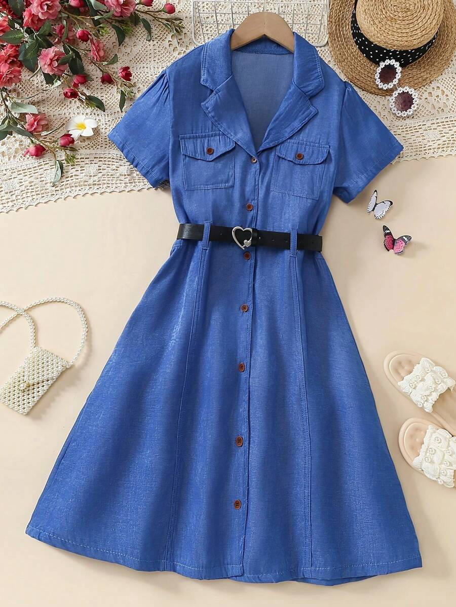 1pc Teen Girl Casual Collared Blue Dress With Belt - Blue - View 1
