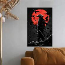 Framed  Japanese Anime Samurai Wall Art Print, Pine  Framed Canvas Poster, Abstract Red Sun And Crows Design, Home Office Cafe Decor, Wrapped Canvas Wall Hanging Decor - Framed(框架) - 查看 3