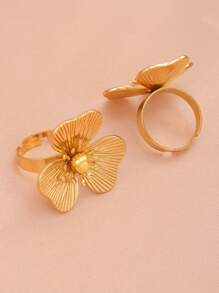 时尚优雅的女士不锈钢花卉可调节戒指 - 金黃色 - 查看 9