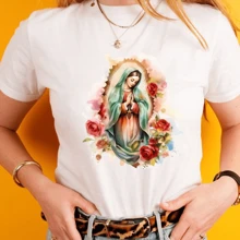 Blusa t-shirt FEMININA cristã,católica VIRGEM DE GUADALUPE,moda casual, plus size baby look colorida - Branco - Visão 3