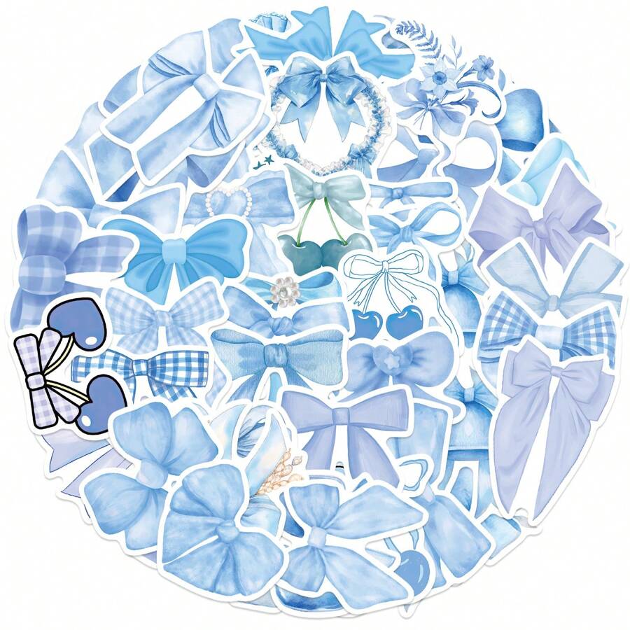 50张蓝色领结卡通贴纸，蓝色美学贴纸，可爱贴纸，可爱蓝色小物贴纸，蓝色防水乙烯基贴纸，美学笔记本贴纸套装，滑板贴纸，水瓶贴纸，笔记本贴纸