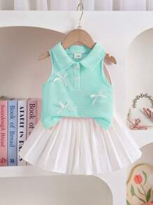 2 件套女婴蝴蝶结装饰马球领无袖上衣和百褶裙套装，可爱优雅街头风格 - 綠色 - 查看 1