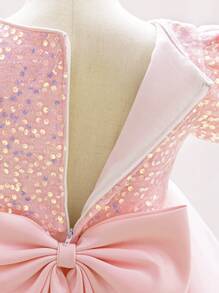 H HIBOBI Babyflicka 3D Blommig Applikation Paljettdetalj Stor Rosett Tyll Festklänning - Rosa - Visa 7