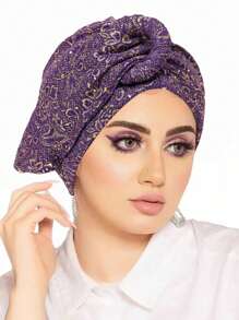 1pc European & American Style Women's Sequin Pleated Twist Headscarf Hat, Head Wrap Turban Hat With Metal Button For Dress - A - View 16