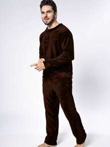 Men's Ultrasoft Long Fleece Pajamas For Cold Winter - Rust Brown - View 2