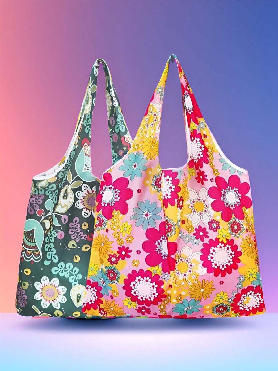2 pièces Sac de courses réutilisable, sac fourre-tout pliable avec anses, sac de courses grande capacité et imperméable pour voyages, pique-nique, camping en extérieur, essentiels maison