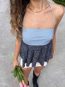 Women Summer Halter Neck Tops Y2K Floral Print Tie Up Backless Shirts Sleeveless Tank Tops Vest Teen Girls Crop Tops Cute Going Out Clothes For Streetwear - Blue - View 1