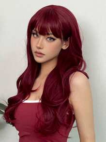 Long Curly Red Wig With Bangs - Elegant Style, Women'S Rose Net Cap, High Temperature Fiber Hair Material For Daily Party Cosplay Color Wig - Red - View 3