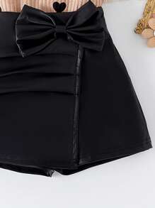 2pcs/Set Young Girl Elegant Cap Sleeve T-Shirt With Heart Print And Bow Decorated Skort Outfit, Summer