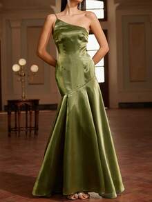 女士纯色不对称肩部激光切割修身美人鱼连衣裙，绿色，圣诞派对