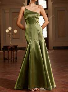 Women Solid Color Asymmetrical Shoulder Bodycon Mermaid Party Dress, Summer, Wedding Guest Dress, Prom Dress