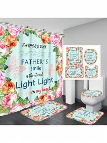 1pc/4pcs Father's Day Printed Multifunctional Decorative Bathroom Waterproof Shower Curtain With 12 Hooks, Bathroom Non-Slip Mat, U-Shaped Floor Mat And Round Toilet Seat Cover, Bathroom Set For All Scenarios Back To School