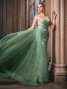 LUVISTRUE Goddess Temperament Sequins Splicing Summer Formal Dress Women Beaded Evening Gown For Charity Prom, Galas, Birthday Party, Red Carpet, Graduation Season Prom, Dinner Solid Color Spaghetti Strap Mermaid Gown Maxi Long Dresses - Mint Green - View 10