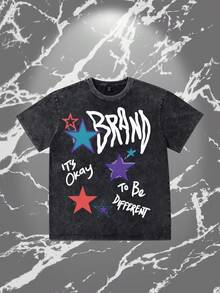 YOURBRAND, I'm Doing Well, Becoming A Different Version Of You. Hip Hop Fashion Street, High Street, Y2K Star Popular Letter Pattern Printed 230g Washed Cotton T-Shirt, Single Piece, Men's High-Quality Printed Washed Cotton Retro Fashion Brand Loose Casual Black T-Shirt, Suitable For All Seasons Outdoor Wear, With A Certain Thickness, Daily Wear And Friend Gifts, Back To School Gifts