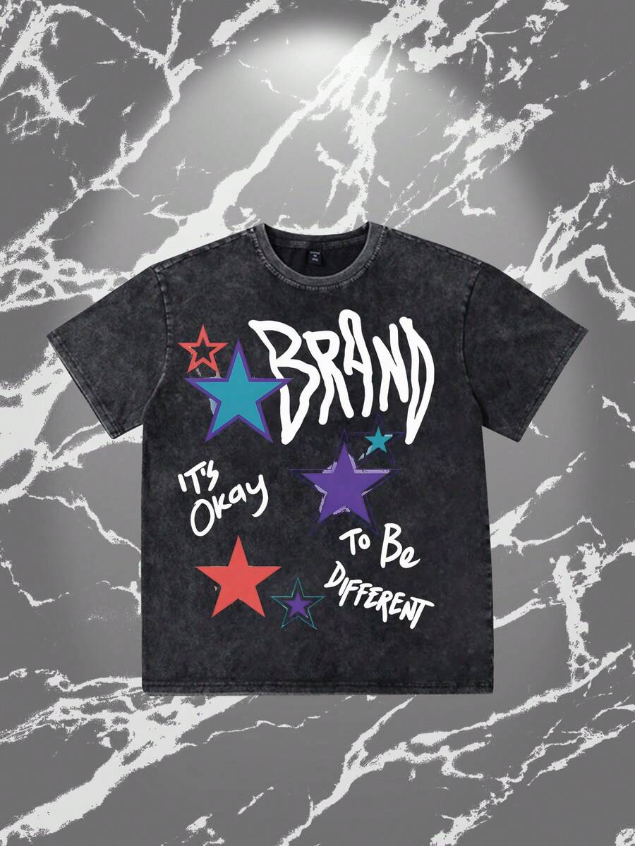 YOURBRAND, I'm Doing Well, Becoming A Different Version Of You. Hip Hop Fashion Street, High Street, Y2K Star Popular Letter Pattern Printed 230g Washed Cotton T-Shirt, Single Piece, Men's High-Quality Printed Washed Cotton Retro Fashion Brand Loose Casual Black T-Shirt, Suitable For All Seasons Outdoor Wear, With A Certain Thickness, Daily Wear And Friend Gifts, Back To School Gifts