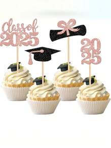 6/12/24 Peças Toppers de Cupcake de Formatura - Design vibrante de boné e diploma de graduação com glitter, palitos de madeira elegantes, adequados para sobremesas de festa de formatura, sem penas, sem necessidade de energia, decorações de comemoração | Tema de comemoração | Bambú durável, Decorações de Bolo de Formatura