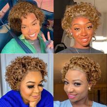 Pixie Cut Curly Human Hair Wigs Ginger 350 Short Curly Lace Front Human Hair Wigs For Women 6 Inch 13x1 Transparent Lace Frontal Wigs Water Wave Dark Rooted To Ginger Orange Color - #27 - 查看 10