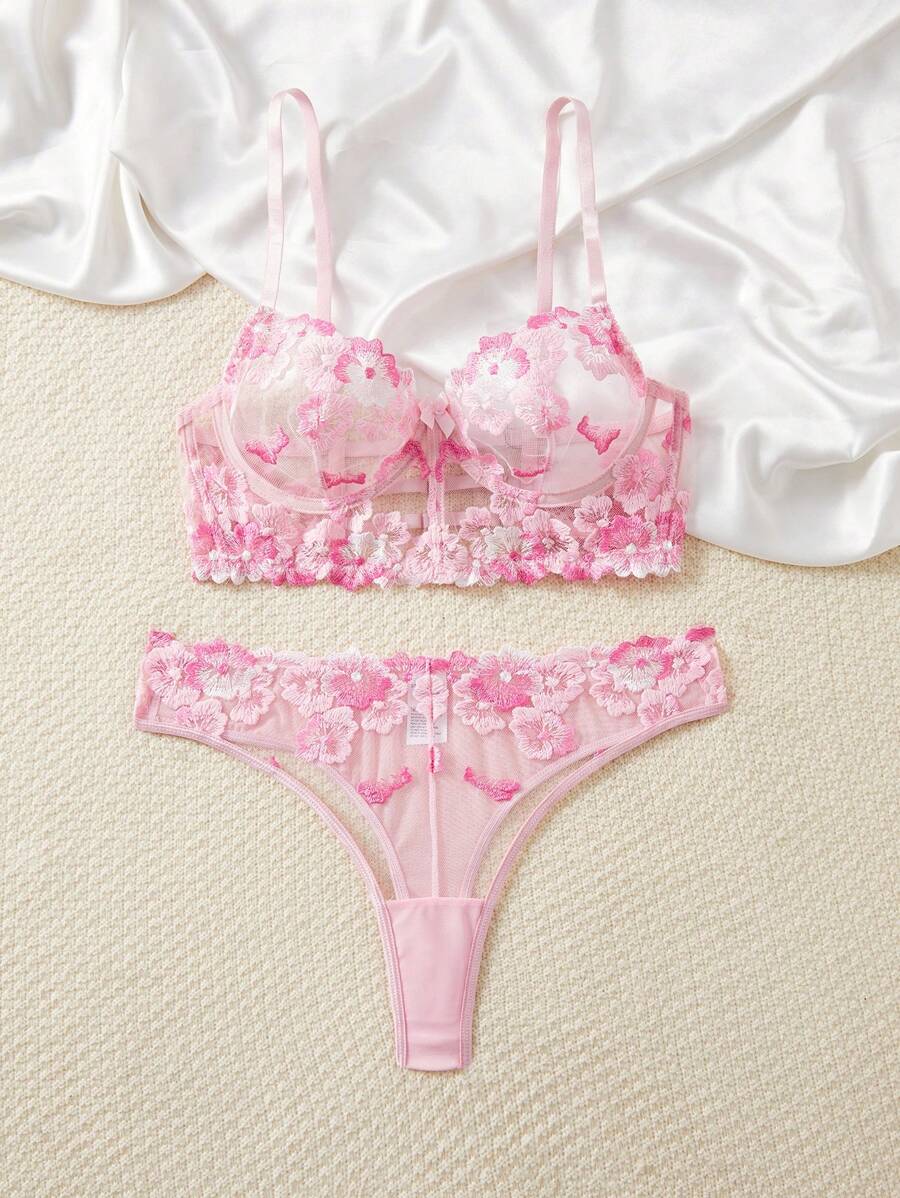2pcs/Set Women Sexy Lace Floral Embroidered Bralette And Panty Set, Adjustable Strap Lingerie Set For Romantic Bedroom, Valentine's Day - Pink - View 1