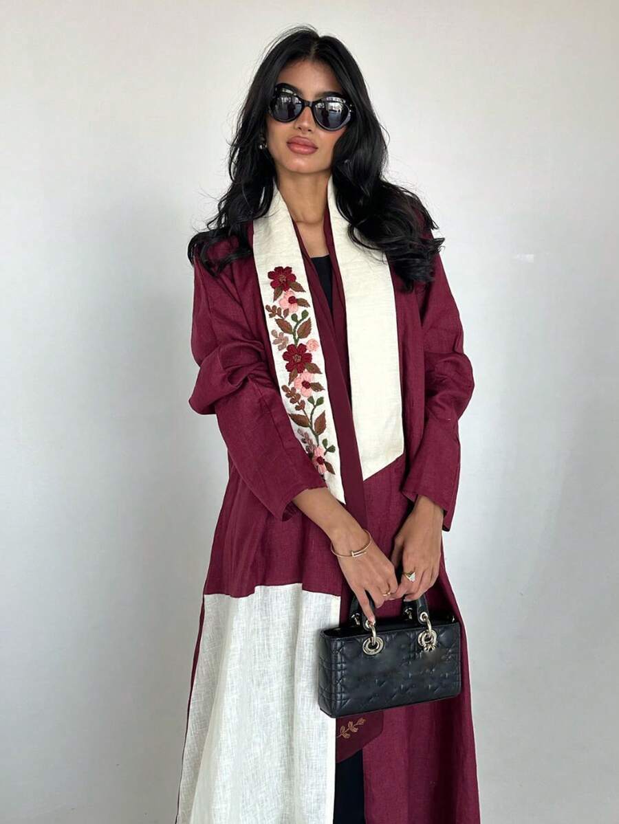 1pc Women Collared Heavyweight Embroidered Abaya, Elegant Floral Embroidery Patchwork Color Block Linen Long Robe With Printed Floral Pattern, Suitable For Daily Life, Festivals, And Gatherings, Modest Kaftan - Burgundy - View 1