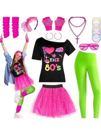 80s dress up outfits Ladies Costume Set 1980s Party Girl T-shirt Rainbow Skirt Girls Fancy brilliant movies and fantastic music 80s Costume Set For Women