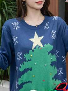 Suéter navideño feo para mujer: divertido y acogedor con temática de copos de nieve para disfrutar en estas fiestas. - Azul - Ver 4