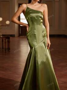 Women Solid Color Asymmetrical Shoulder Bodycon Mermaid Party Dress, Summer, Wedding Guest Dress, Prom Dress
