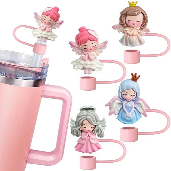 Angel Girls Straw Toppers, Dust-Proof & Reusable Straw Covers For 0.4" Diameter Straws, Decorative Straw Tip Design, Perfect For Holiday Celebrations & Everyday Use,School Supplies