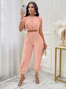 Amarilo Women's Casual Solid Shoulder Pad Round Neck Cropped Top & Wide Leg Pants Set - Pink - View 7