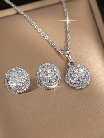 1set/3pcs Classic Flower Earrings Silver Color Luxury Cubic Zirconia Necklace Earring Set Female Charm Jewelry Gift For Daily Wear And Festivals