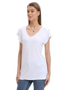 Yeeloon Women's Summer Lotus Sleeve Top Pleated Short Sleeve V-Neck T-Shirt Casual Loose