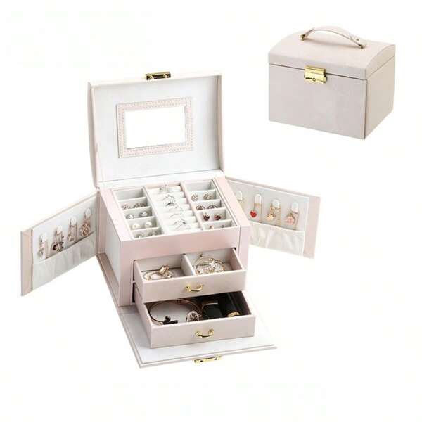 Vintage Leather Jewelry Box With Removable Tray, Mirror And Lock - Three Layers Storage For Necklaces, Earrings, Watches | Multifunctional Desktop Organizer With Drawer | Ideal Gift For Mother's Day, Valentine's Day, Christmas, Halloween, May 5th | Unfinished Rectangular Design With Key Lock Closure | Fabric Interior | No Electricity Required, Jewelry Box Back To School Dorm Storage