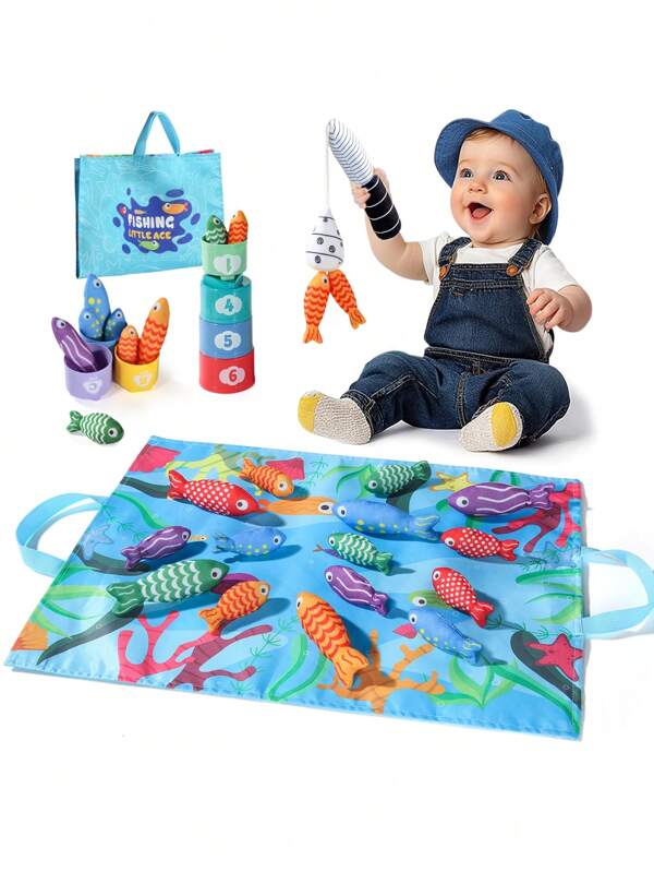 1 Set Juguete de Pesca para Bebé, Juego de Pesca de Tela para Educación Temprana, Juguete de Pesca sin Imán, Alfombra de Gateo y Alfombra de Juego, Bolsa de Almacenamiento Plegable, Regalo Perfecto para Niños y Niñas, Regalo de Navidad (Color de Accesorios Aleatorio)