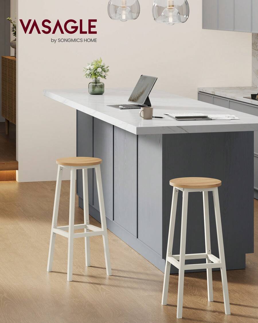 VASAGLE Tabourets de Bar, Lot de 2, Cadre Métallique, Montage Facile, Hauteur 74 cm, Repose-Pieds, pour Cuisine, Salon, Salle à Manger, Marron Rustique et Noir/Doré Chêne et Blanc - Kaki - Voir 1