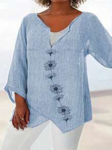 Simple Embroidered Plus Size Women's Shirt - Baby Blue - View 1