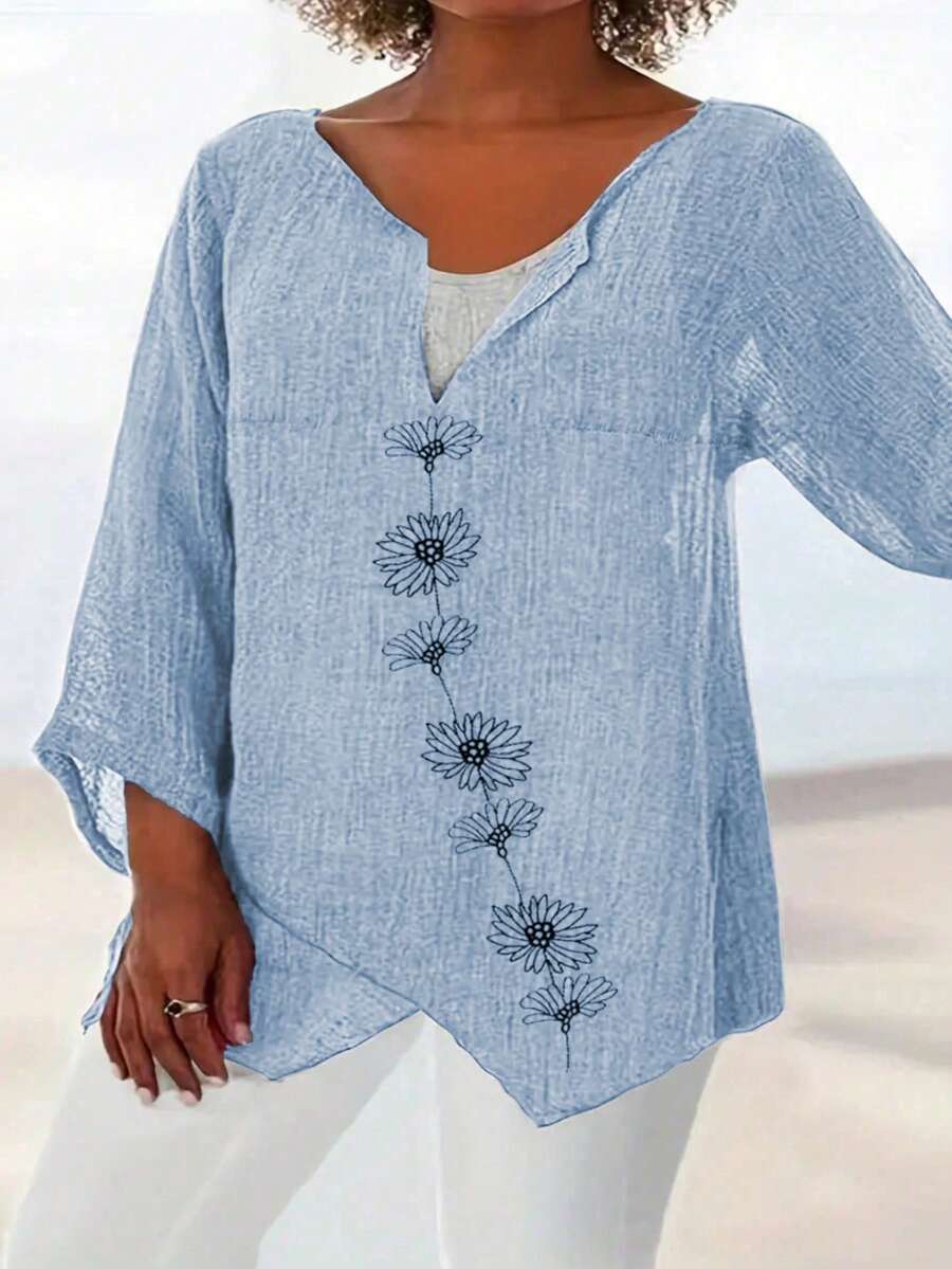 Simple Embroidered Plus Size Women's Shirt - Baby Blue - View 1