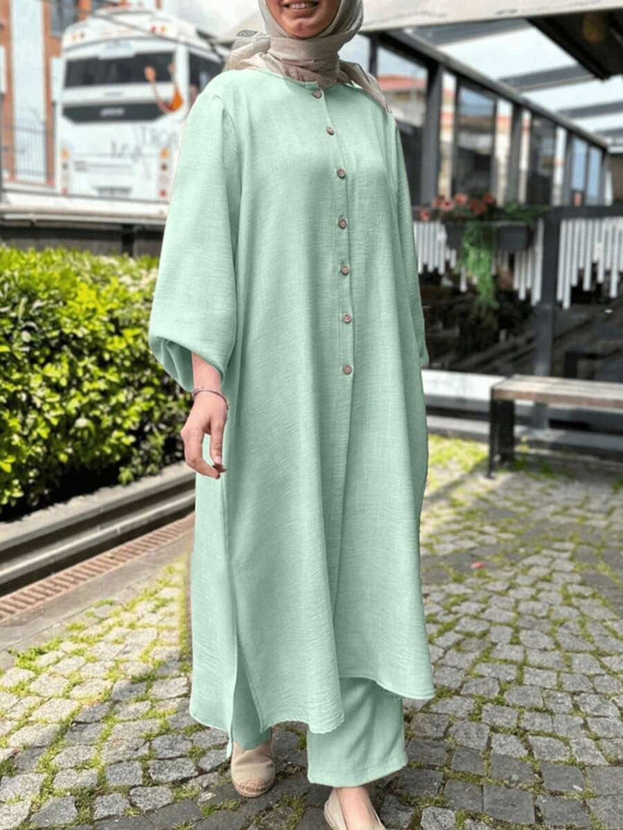 2 件套女士套装：纽扣领开衩衬衫连衣裙和裤子，端庄 - 綠色 - 查看 1