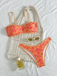 两件套女士印花泳衣，带可拆卸肩带和胸垫比基尼套装，适合海岛度假和摄影 - 彩色 - 查看 1