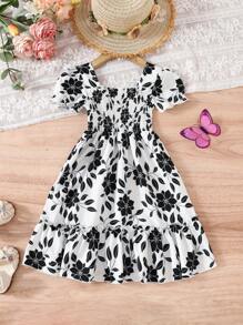 European & American Style Girls Casual Leaf Printed Dress, Short Sleeve Holiday Wear Lightweight Princess Dress